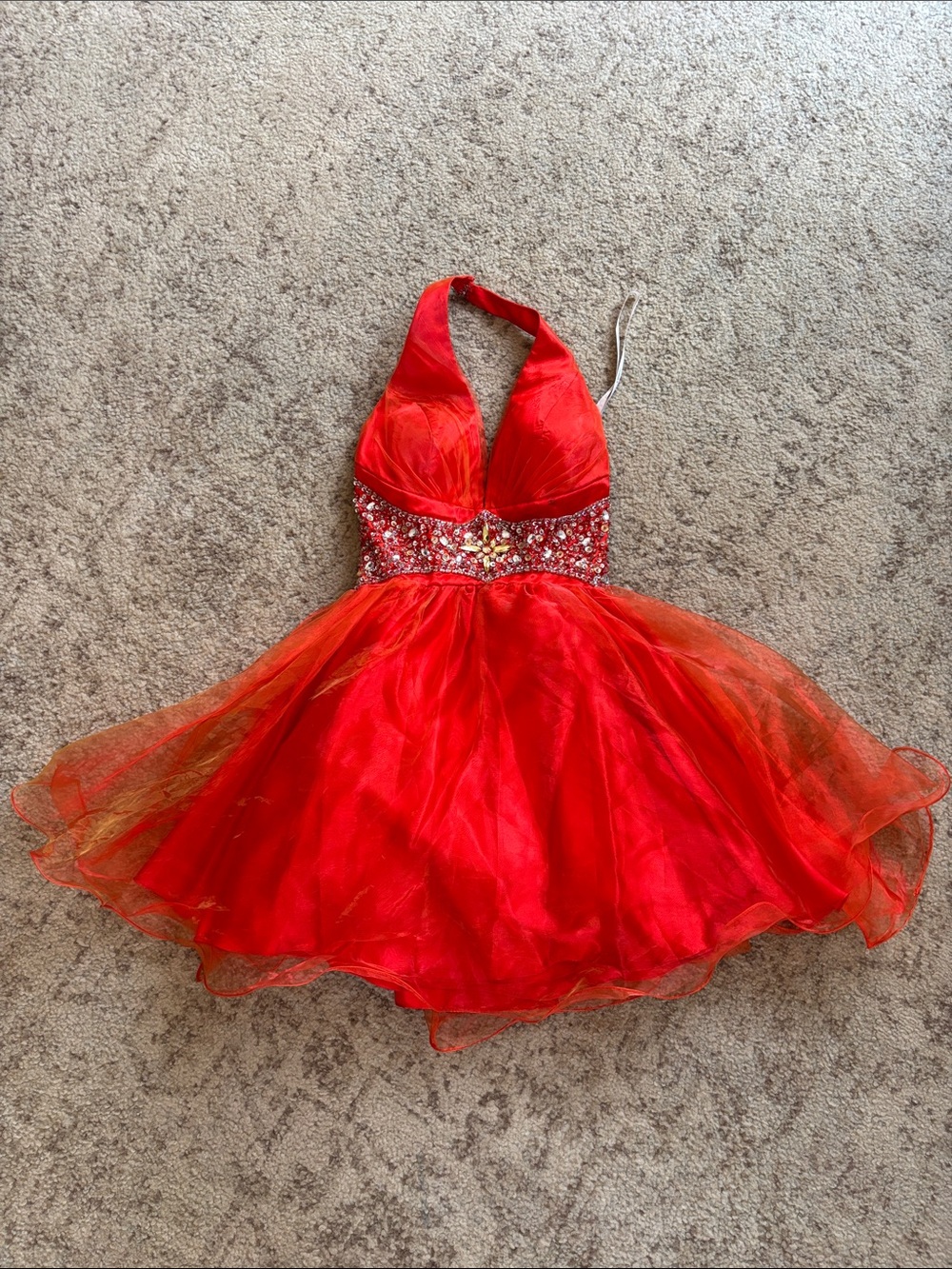 Orange Halter Tulle Party Dress with Embellished Waist